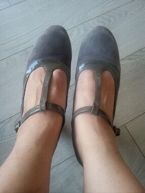 Clarks Gray Suede and Patent T-Strap Flats